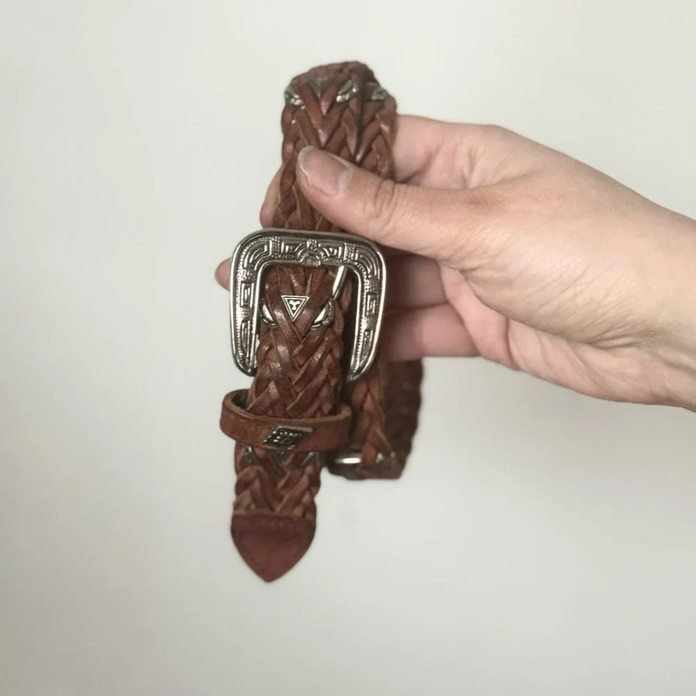 Vintage 1990s Braided Leather Belt with Silver Buckle and details